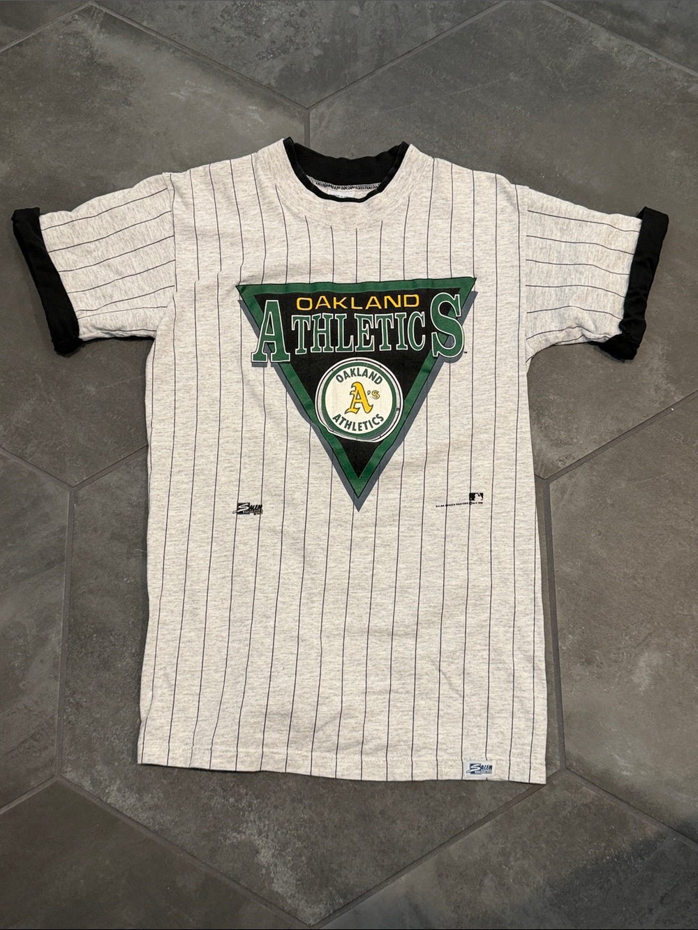 Oakland Athletics Graphic Pinstripe Tee - Green & Yellow Logo